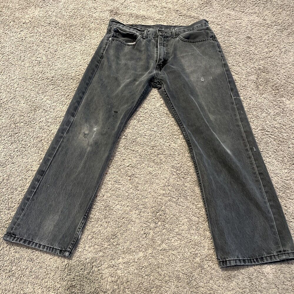 Levis 505 Jeans Mens 34x29 Black Denim Regular Straight Charcoal Wash Distressed